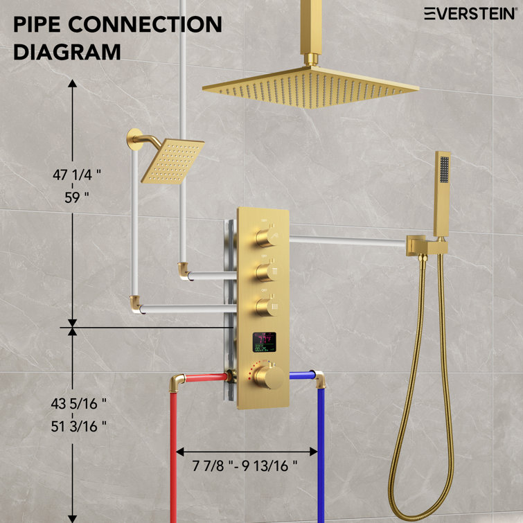 Brushed Gold 12" LED Ceiling Mounted Shower System with Digital Display