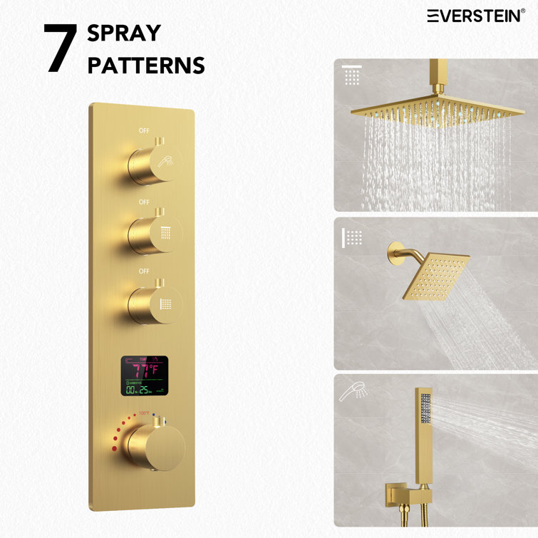 Brushed Gold 12" LED Ceiling Mounted Shower System with Digital Display