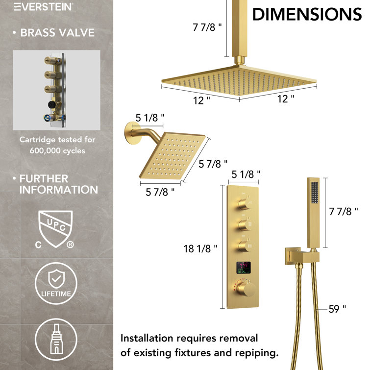 Brushed Gold 12" LED Ceiling Mounted Shower System with Digital Display