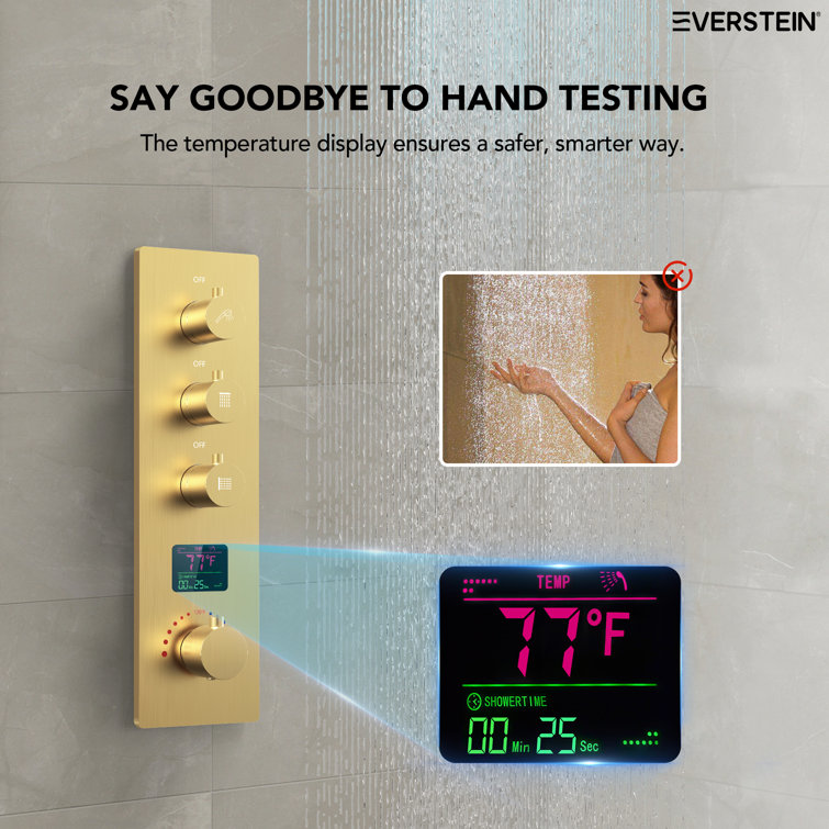 Brushed Gold 12" LED Ceiling Mounted Shower System with Digital Display