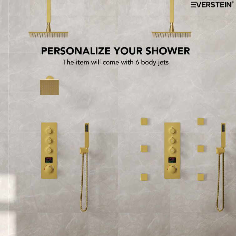 Brushed Gold 12" LED Ceiling Mounted Shower System with Digital Display