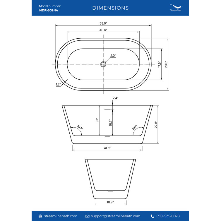 54" Glossy White Acrylic Freestanding Soaking Tub with Polished Gold Trim