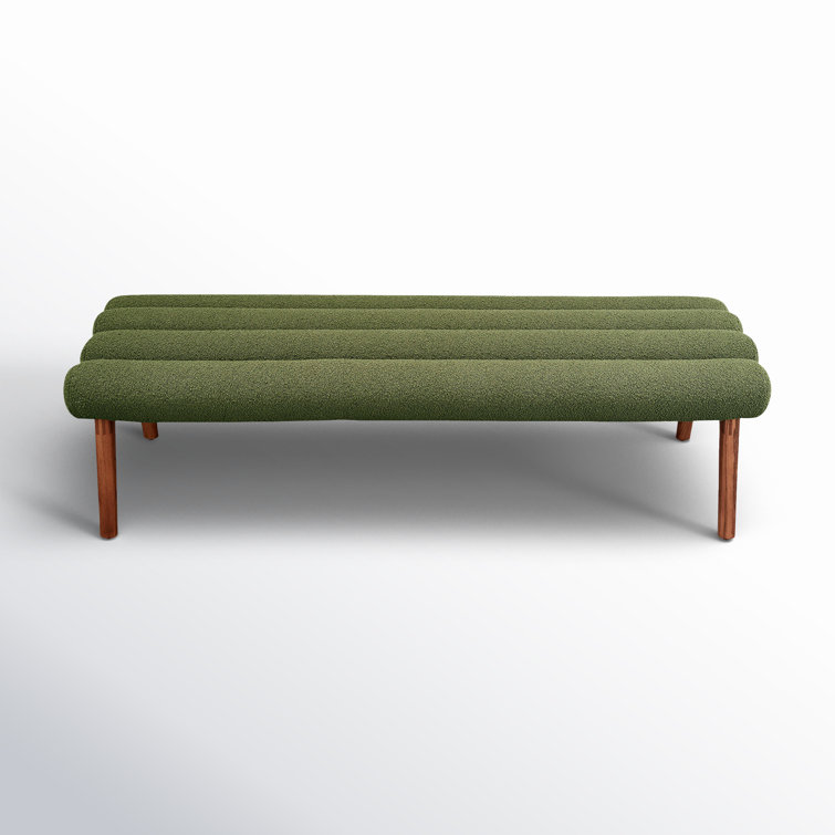 Green Polyester Upholstered Bench with Ash Wood Legs
