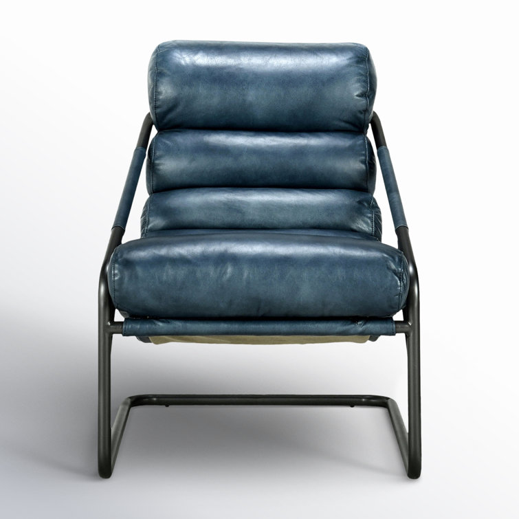 Handcrafted Blue Leather Barrel Accent Chair with Metal Frame