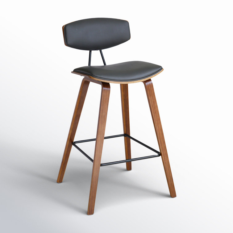 Fox Mid-Century Modern Gray Faux Leather & Brushed Black Wood Barstool
