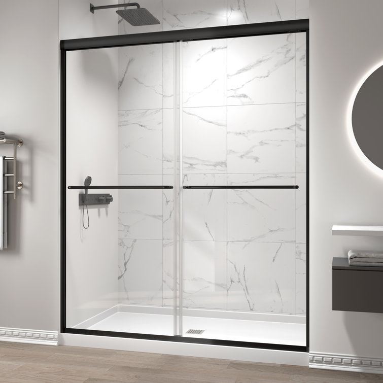 Matte Black Double Sliding Semi-Frameless Shower Door with Clear Glass
