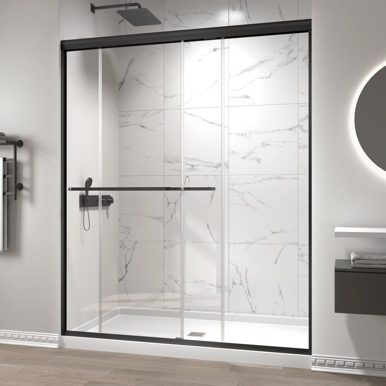 Matte Black Double Sliding Semi-Frameless Shower Door with Clear Glass