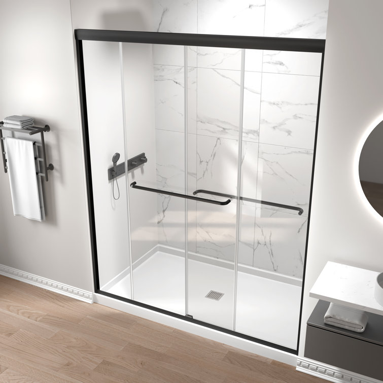Matte Black Double Sliding Semi-Frameless Shower Door with Clear Glass