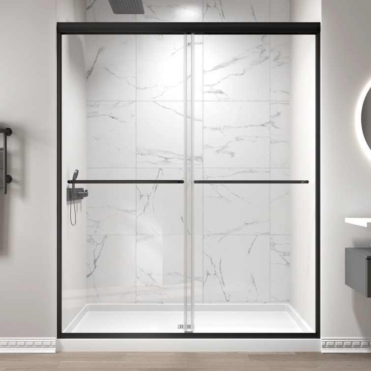 Matte Black Double Sliding Semi-Frameless Shower Door with Clear Glass