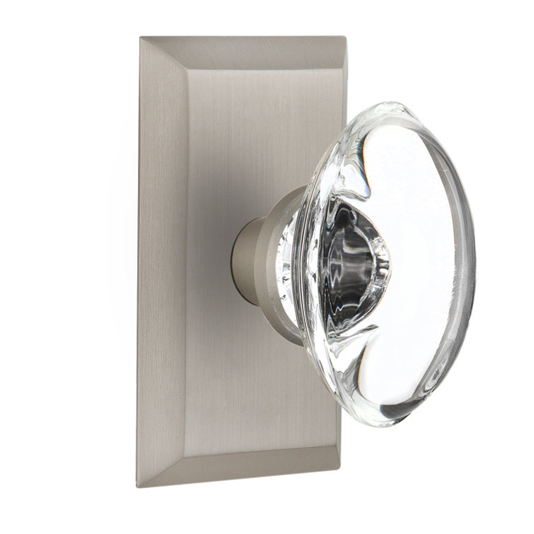 Satin Nickel Studio Plate with Oval Clear Crystal Door Knob