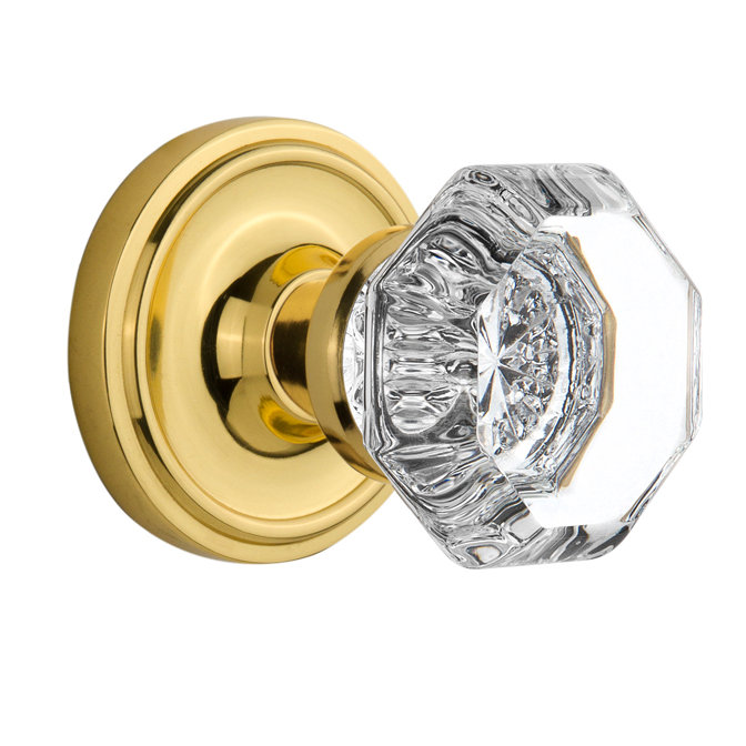 Unlacquered Brass Classic Rosette Waldorf Octagonal Crystal Door Knob