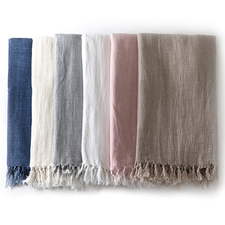 Natural Linen Knitted Throw Blanket with Fringe