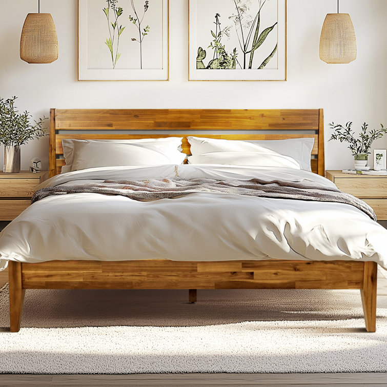 Caramel Acacia Wood Queen Platform Bed Frame with Headboard