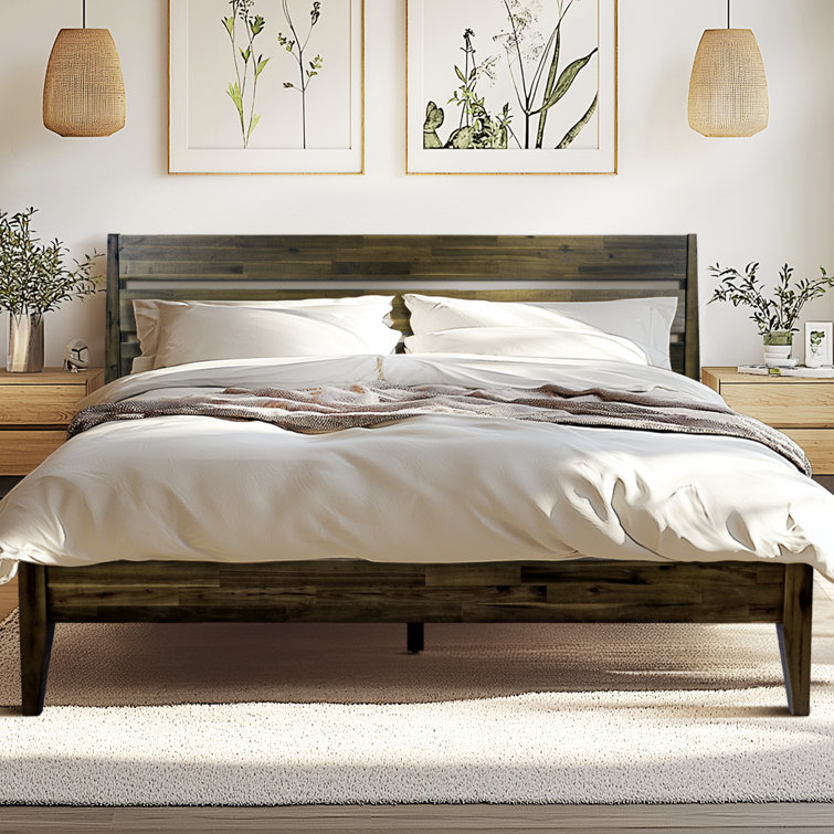 Walnut Queen Solid Wood Platform Bed with Headboard