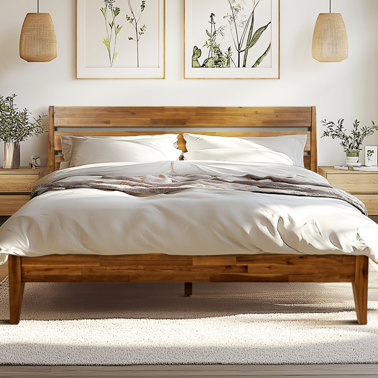 Walnut Queen Solid Wood Platform Bed with Headboard