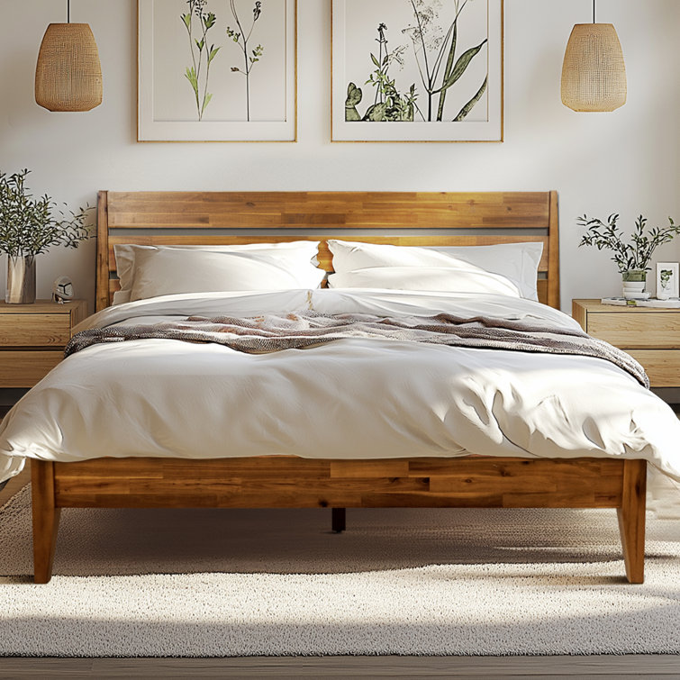 Walnut Queen Solid Wood Platform Bed with Headboard