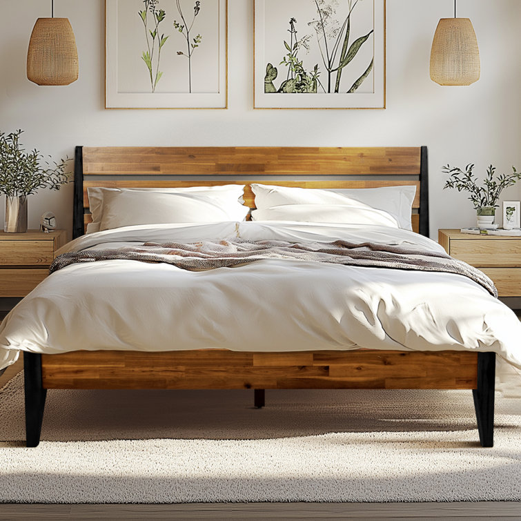 Queen Acacia Wood Platform Bed Frame with Headboard