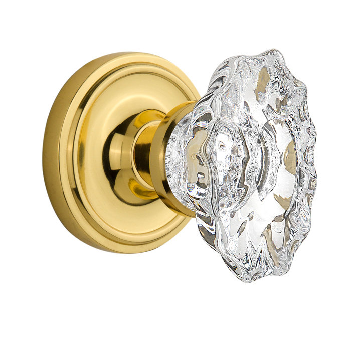 Unlacquered Brass and Crystal Passage Door Knob with Classic Rosette