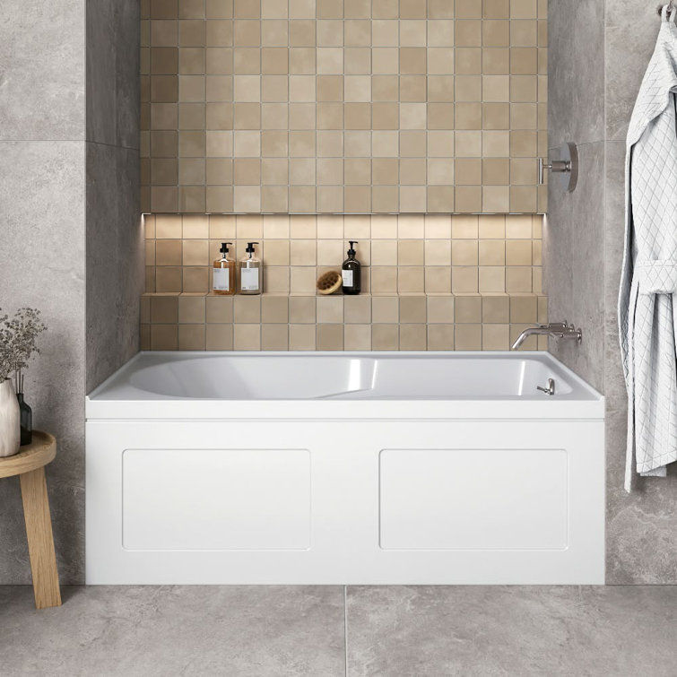 Glossy White Acrylic Right-Hand Drain Alcove Bathtub with Brushed Nickel External Drain