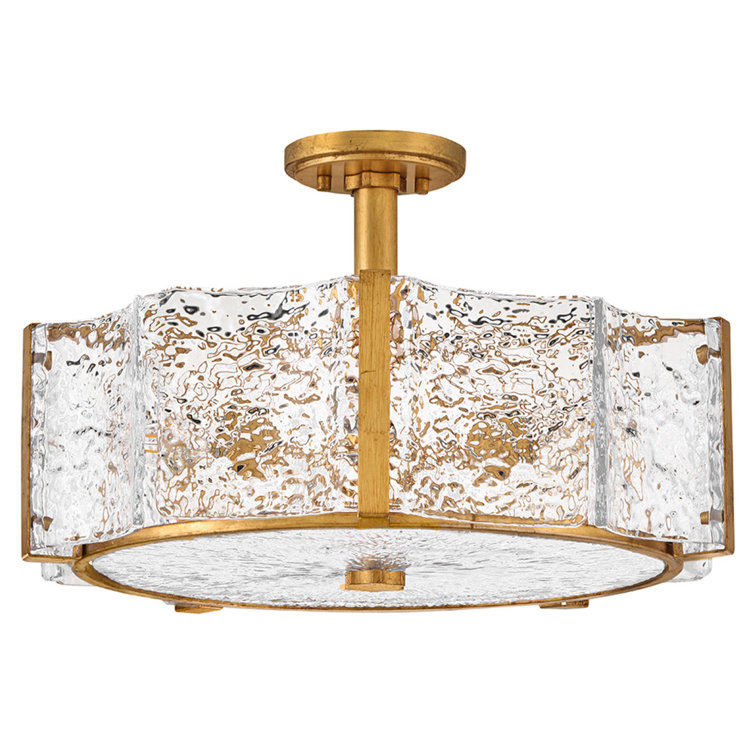 Distressed Brass and Clear Glass Drum LED Semi Flush Mount