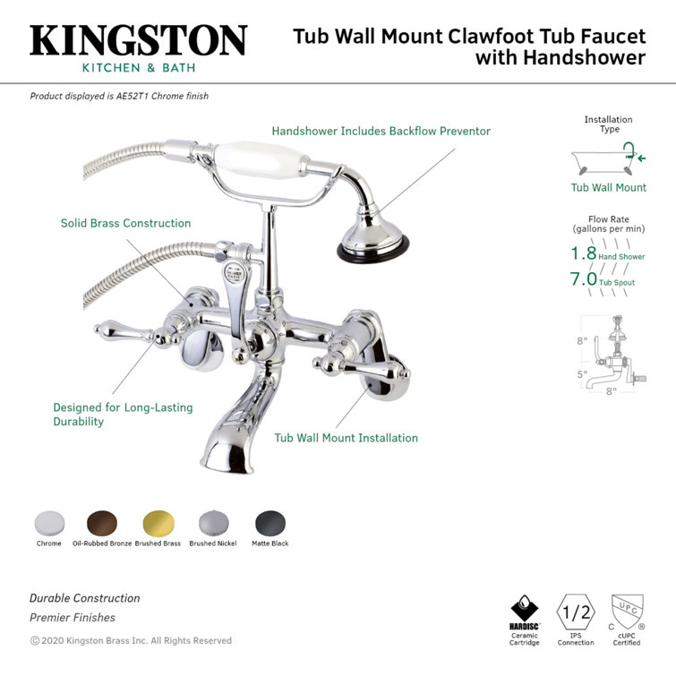 Brushed Nickel Vintage Wall Mount Tub Faucet with Hand Shower