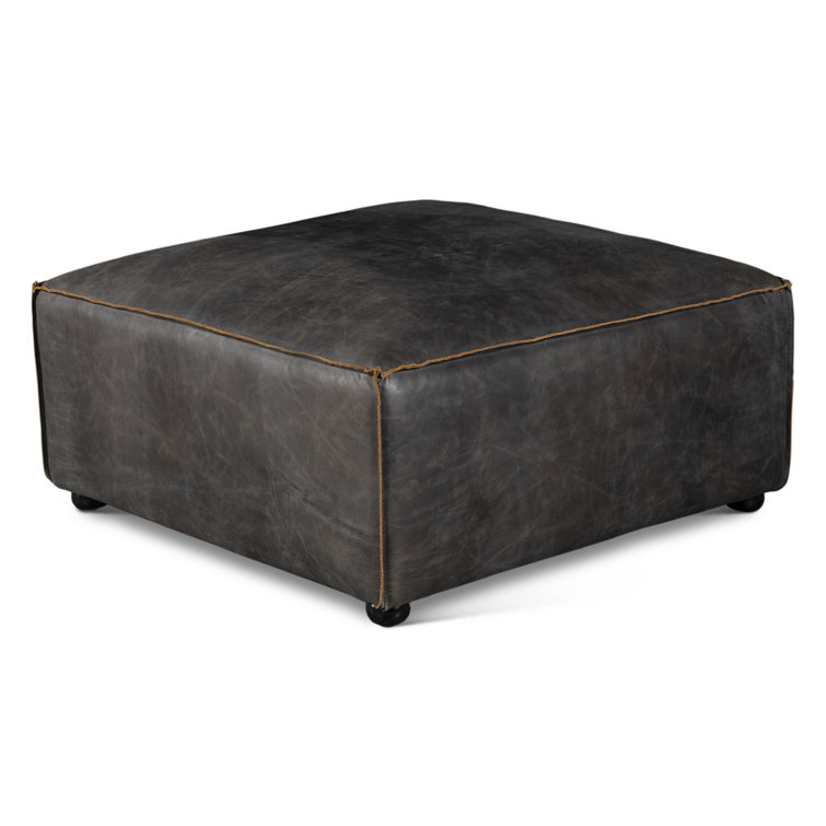 Chiavari Black Genuine Leather Ottoman with Iron Legs