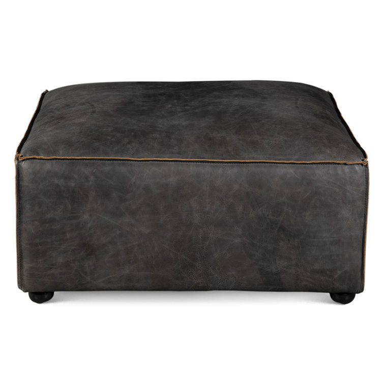 Chiavari Black Genuine Leather Ottoman with Iron Legs