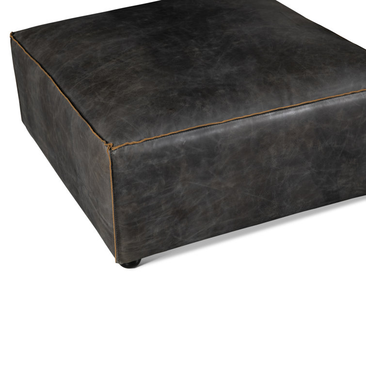 Chiavari Black Genuine Leather Ottoman with Iron Legs
