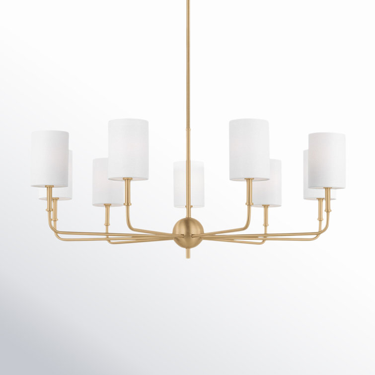 Satin Brass 36" Nine-Light Chandelier with White Linen Shades