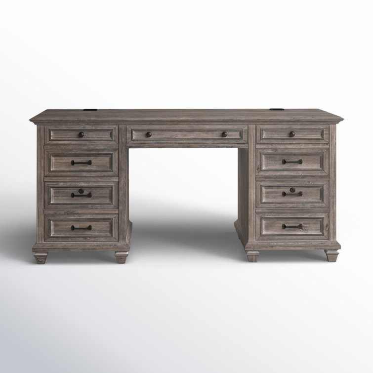 Transitional Dove Tail Grey Executive Desk with Power Outlet and Filing Cabinet