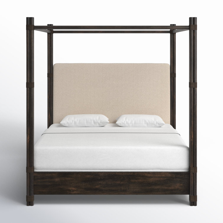 California King Dark Wood and Cream Upholstered Canopy Bed