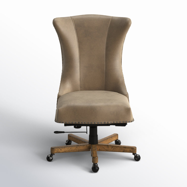 Beige Leather Swivel Executive Chair with Wood Base