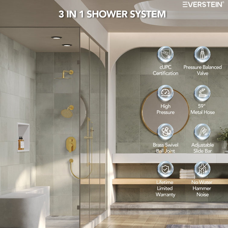 Brushed Gold Dual Head Stainless Steel Shower System with Handheld