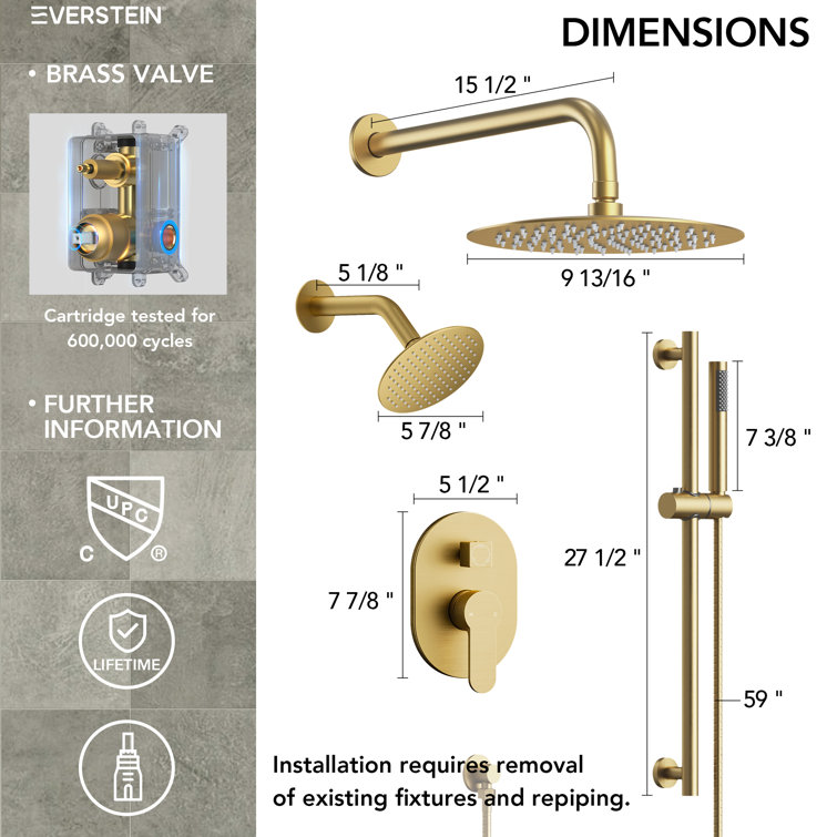 Brushed Gold Dual Head Stainless Steel Shower System with Handheld
