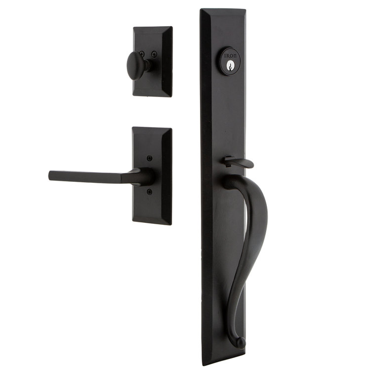 Matte Black Iron Handleset with Deadbolt and Curved Lever