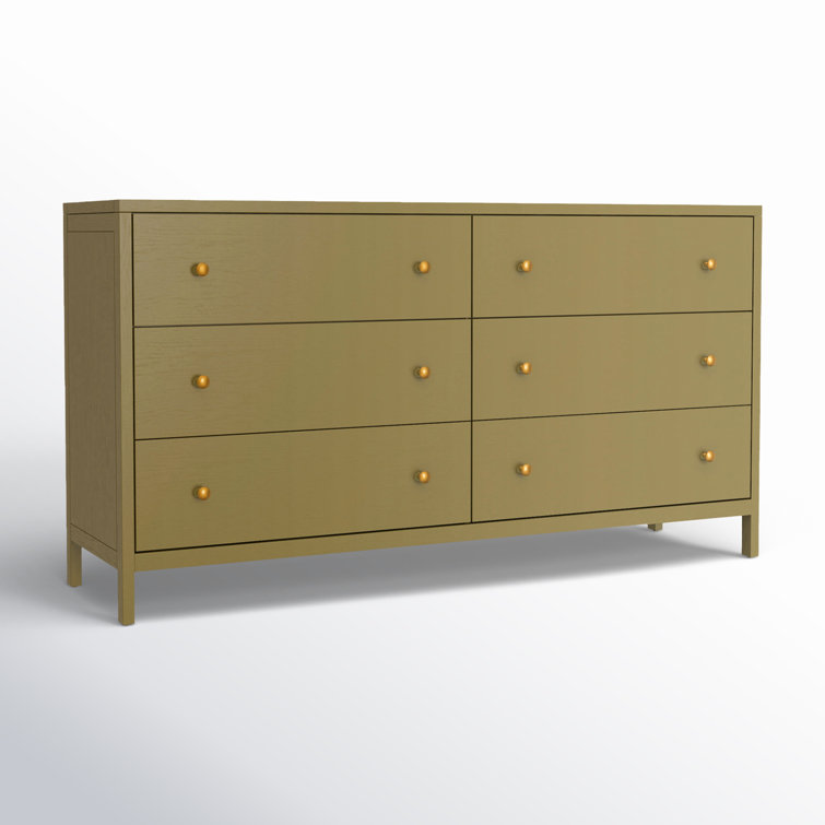 Olive Green Solid Wood 6-Drawer Dresser with Brass Handles
