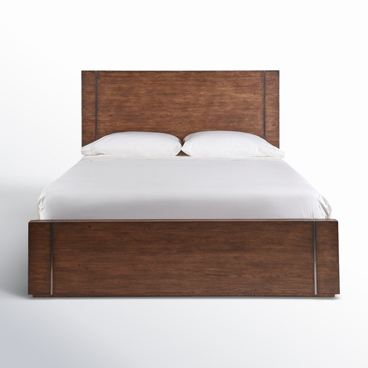 Queen Medium Brown Oak Wood Frame Bed with Headboard