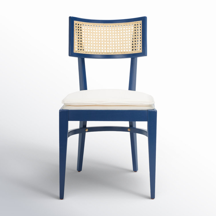 Navy Rubberwood and Cane Side Chair with White Cushion