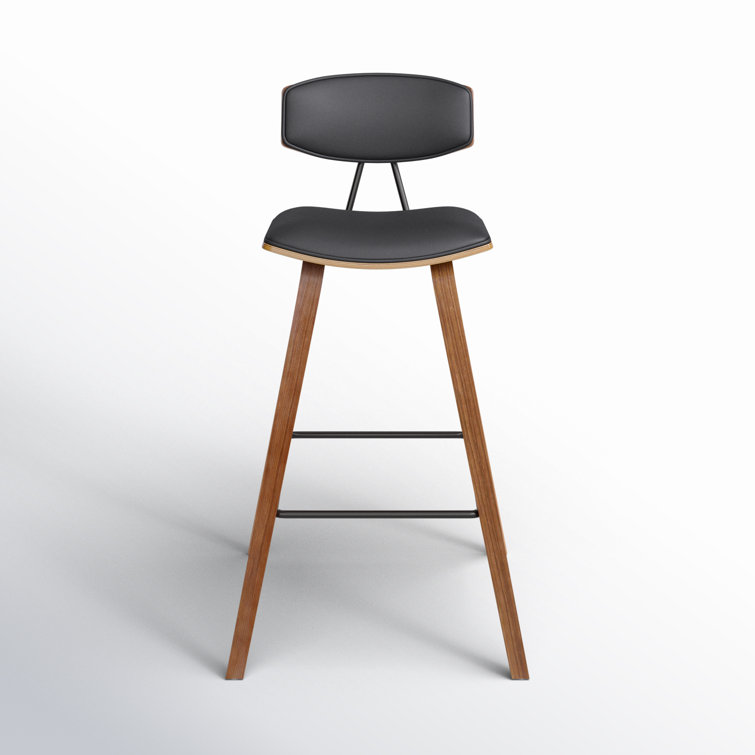Fox Mid-Century Modern Gray Faux Leather & Brushed Black Wood Barstool