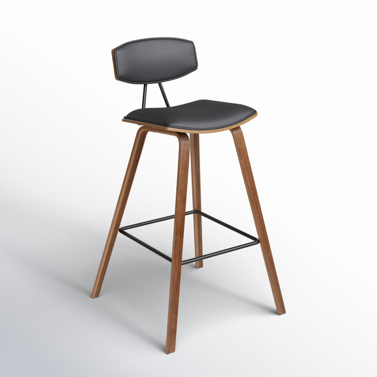 Fox Mid-Century Modern Gray Faux Leather & Brushed Black Wood Barstool