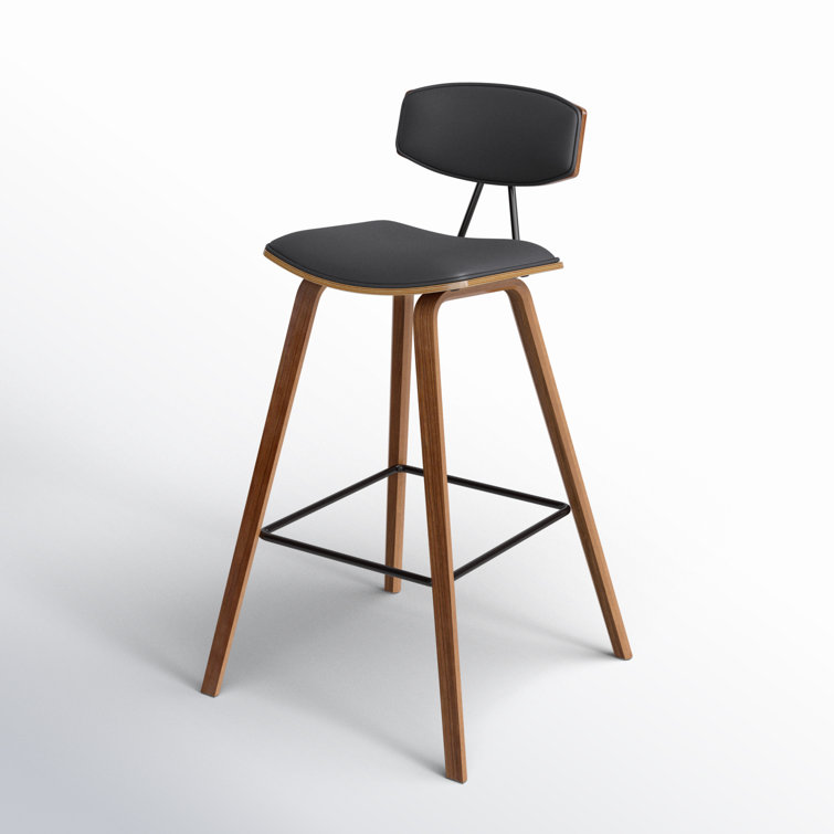 Fox Mid-Century Modern Gray Faux Leather & Brushed Black Wood Barstool