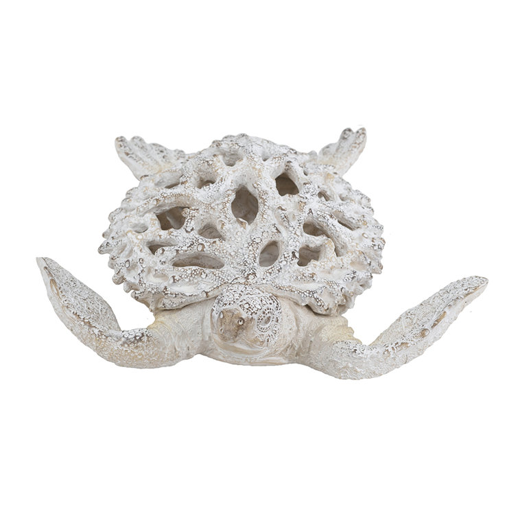White Coral Reef Sea Turtle Resin Statue 13" x 12"