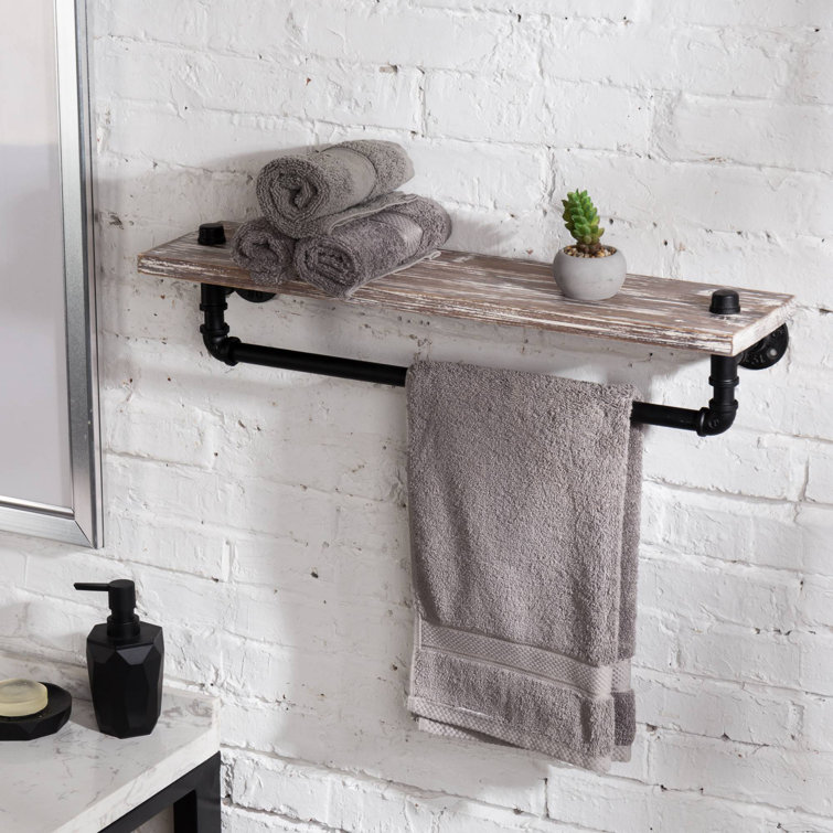 Rustic Torched Wood Wall Shelf with Black Metal Towel Bar