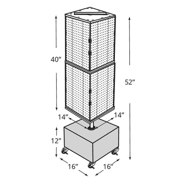 Black Metal Four-Sided Pegboard Display Tower with Wheels