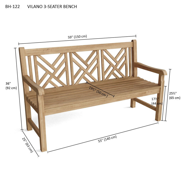 Vilano 3-Seater Smooth Teak Outdoor Bench with Crisscross Back