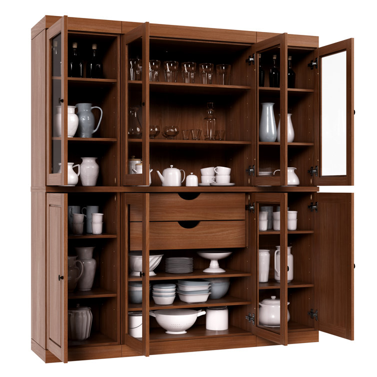 Mocha Solid Wood Raised Panel Kitchen Pantry Cabinet with Clear Glass Doors