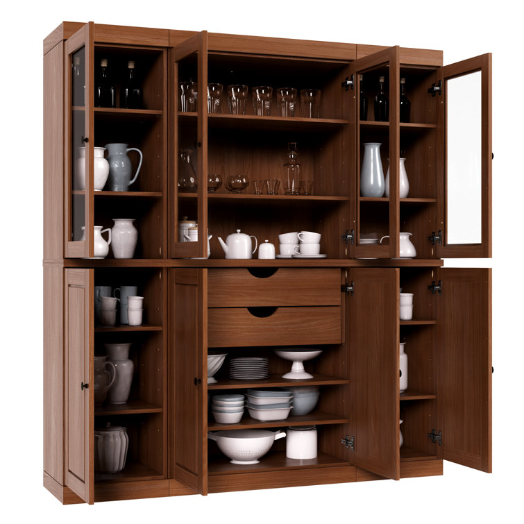 Mocha Solid Wood Raised Panel Kitchen Pantry Cabinet with Clear Glass Doors