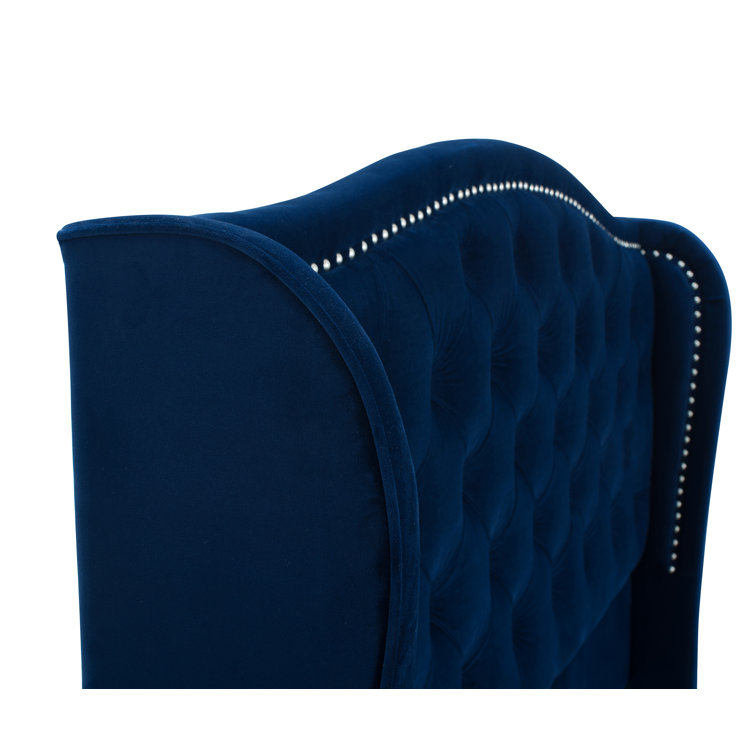 Navy Blue Velvet Tufted Queen Bed with Nailhead Trim