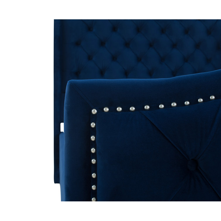 Navy Blue Velvet Tufted Queen Bed with Nailhead Trim