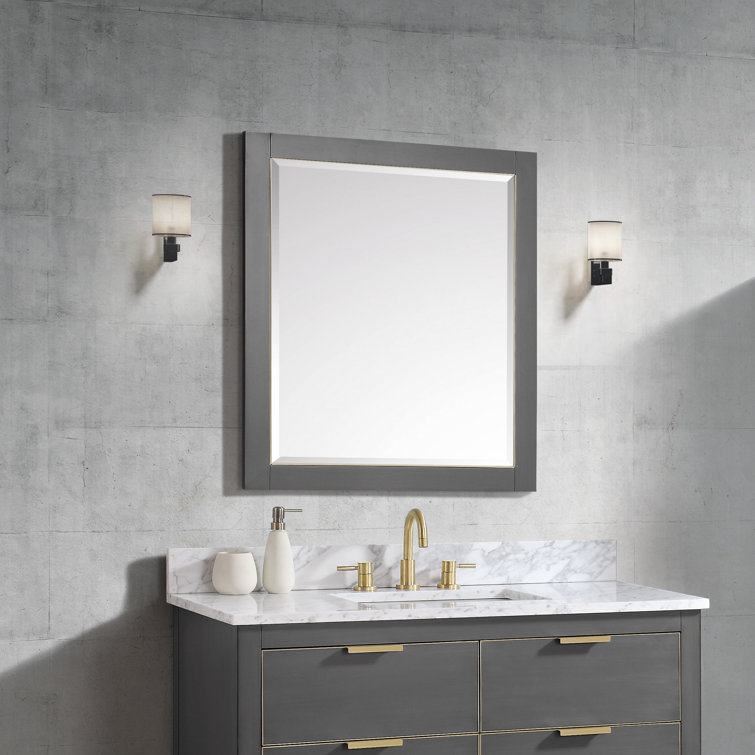 Austen 32" x 28" Twilight Gray Wood Framed Bathroom Vanity Mirror with Matte Gold Trim